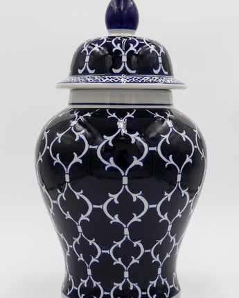 Blue & White Quatrefoil Lidded Ceramic Vase 18"