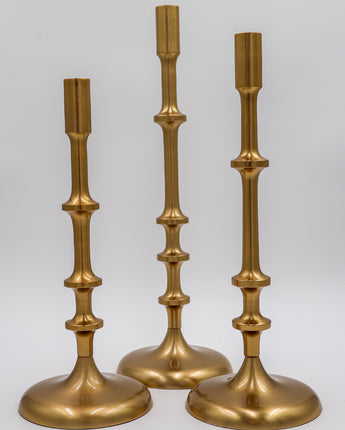 Gold Metal Ribbed Candlesticks Set x3