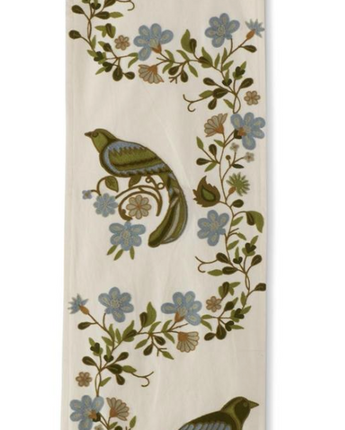 Blue & Green Floral & Bird Embroidered Table Runner 72"