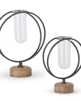 Glass Test Tube Vases in Round Metal Frame with Wood Bases Set of 2
