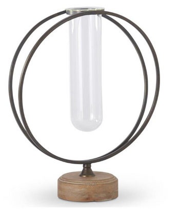 18.25" Glass Test Tube Vase in Round Metal Frame with Wood Base