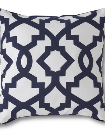 18" Square Cotton White Pillow with Navy Geometric Interlocking Pattern