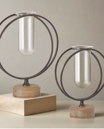 Glass Test Tube Vases in Round Metal Frame with Wood Bases Set of 2