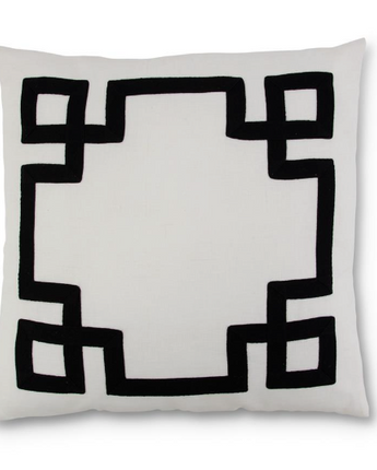 20" Square White Linen Pillow with Black Geometric Pattern