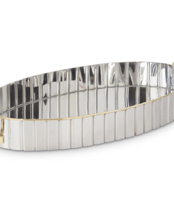 21.25" Oval Silver with Gold Trim Ribbed Serving Tray