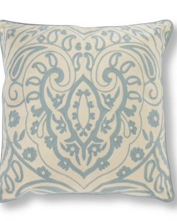 20" Square Light Blue & Beige Damask Embroidered Pillow