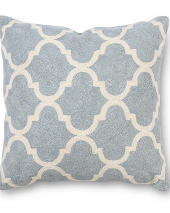 20" Square Light Blue & White Quatrefoil Embroidered Pillow