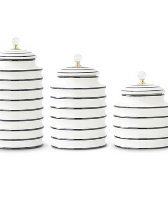 Black & White Ribbed Canisters with Crystal Knob Set of 3