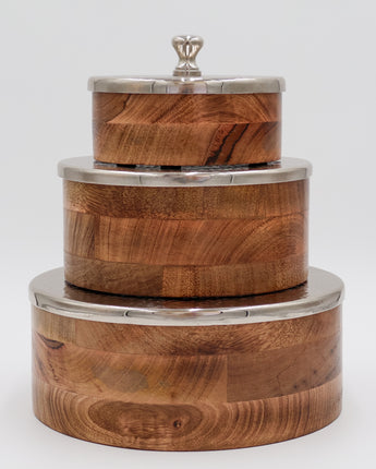 Round Wood Boxes with Hammered Lids Set x3