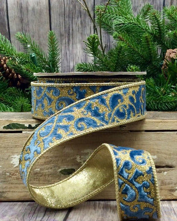 1.5" Dusty Blue Velvet Glitter Treillage Ribbon