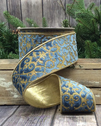 2.5" Dusty Blue Velvet Glitter Treillage Ribbon