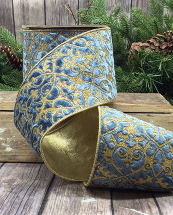 4" Dusty Blue Velvet Glitter Treillage Ribbon
