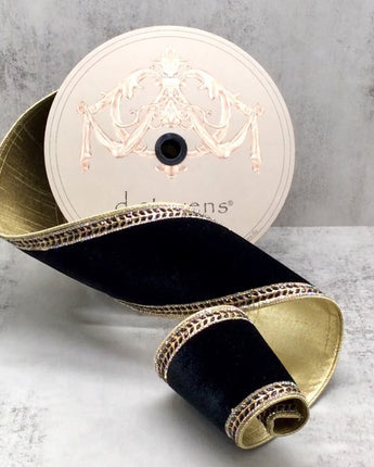 4" Black Velvet Ribbon with Jeweled Trim
