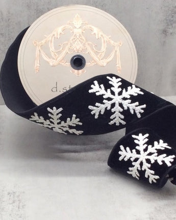 4" Black Velvet Ribbon with White Glitter Snowflake