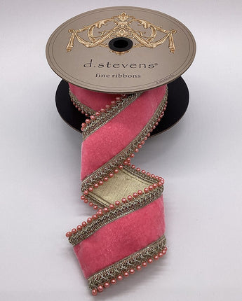 2.5" Pink Lemonade Velvet Ribbon with Pearl Trim