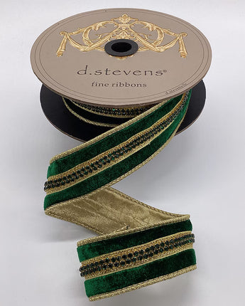 1.5" Emerald Velvet Ribbon with Jeweled Center
