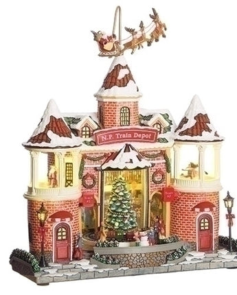 14.25" Train Depot with Flying Santa Village