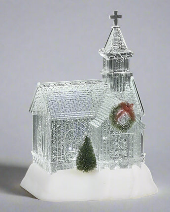 9" Church with Wreath and Tree Water Globe