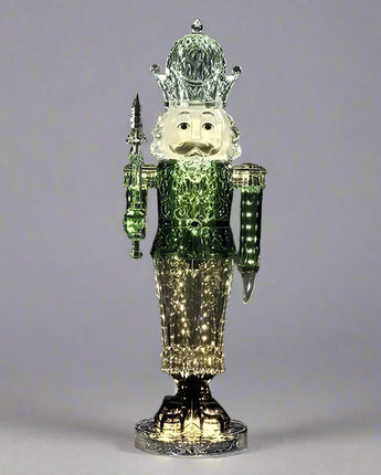 Decorative nutcracker figure with green and gold colors on a dark background