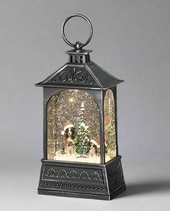 8" Lantern with Dogs and Christmas Tree Water Globe