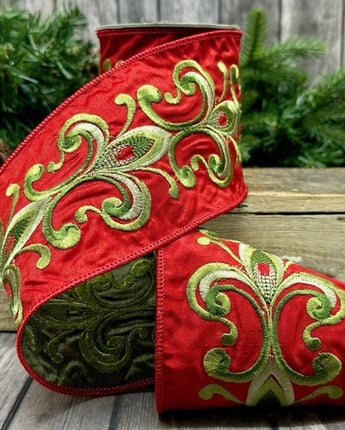 4" Red Dupioni with Fleur de Lis Embroidery Ribbon