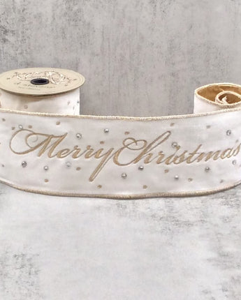 4" Winter White Velvet "Merry Christmas" Embroidery Ribbon