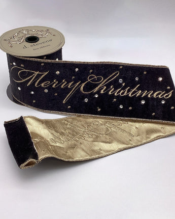 4" Black Velvet "Merry Christmas" Ribbon