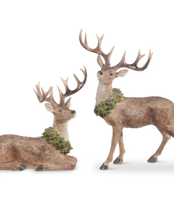 19.5" Glittered Deer with Wreath (Set of 2)