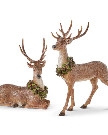 16" Glittered Deer with Wreath (Set of 2)