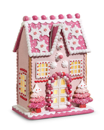 13" Lighted Pink Gingerbread House