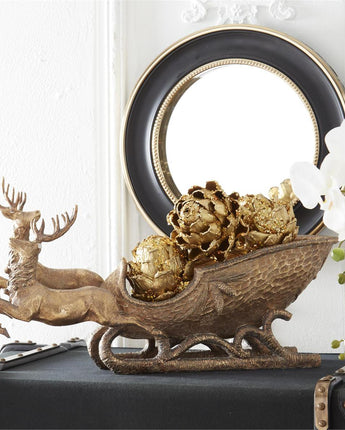 25" Antique Gold Reindeer Pulling Sleigh