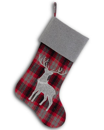 18" Red & Gray Tartan Plaid Stocking with Reindeer