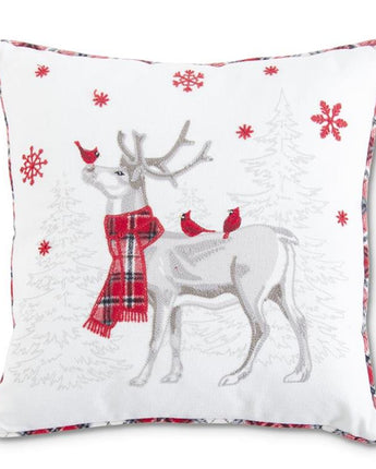 18" Square White & Plaid Piped Reindeer Pillow