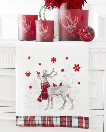 72" White & Plaid Reindeer Table Runner