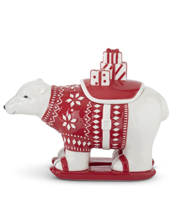 10" White & Red Ceramic Polar Bear Container