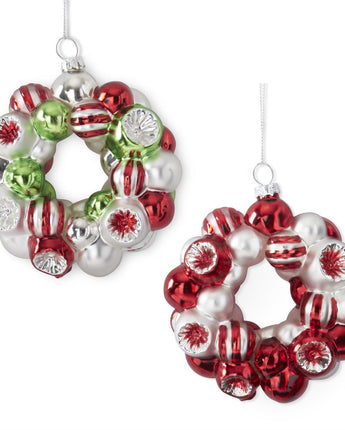 Red, Silver & Green Glass Wreath Ornaments (Sold Separately)