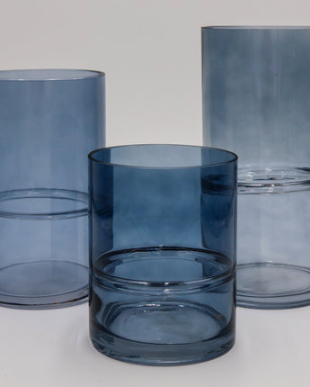 Blue Glass Cylinder Vases with Inlayed Strips