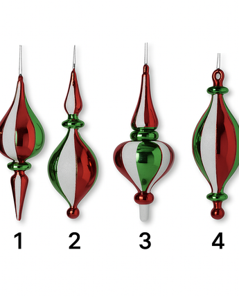Green, Red & White Stripe Glass Glittered Finials (Sold Separately)