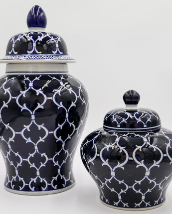 Blue & White Quatrefoil Lidded Ceramic Vase 18"