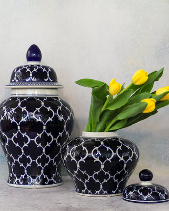 Blue & White Quatrefoil Lidded Ceramic Vase 10"