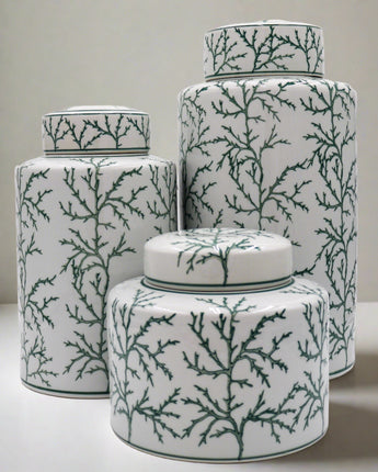 White & Green Coral Ceramic Ginger Jars (Set of 3)