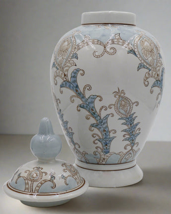 Light Blue & Gray Floral Ceramic Lidded Vase 20.25"