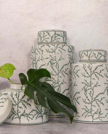 White & Green Coral Ceramic Ginger Jars (Set of 3)