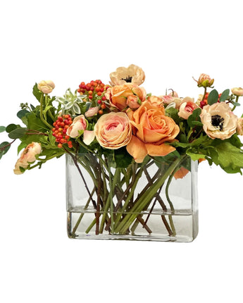 12" Ranunculus and Roses in Rectangular Glass Vase