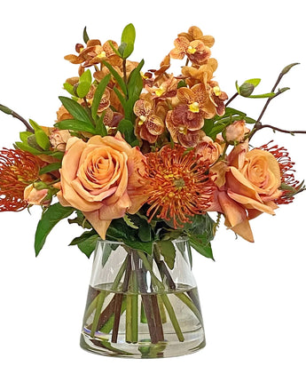 17" Vanda Orchid and Roses in Glass Vase