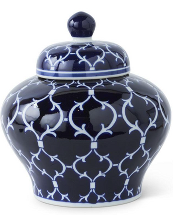 Blue & White Quatrefoil Lidded Ceramic Vase 10"