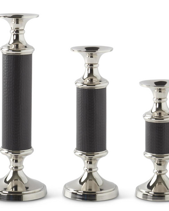 Silver Metal & Hammered Matte Black Taper Candle Holder (Set of 3)