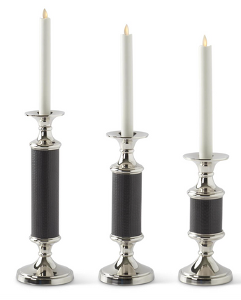Silver Metal & Hammered Matte Black Taper Candle Holder (Set of 3)