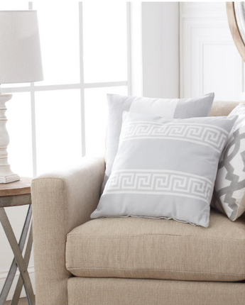 18" Square Cotton White Pillow with Gray Geometric Interlocking Pattern