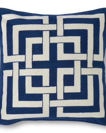20" Square Blue Acrylic Pillow with White Interlocking Squares